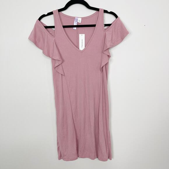 New Alya Cold Shoulder Ribbed Dress Rose Pink VNeck Short Sleeve XSmall XS - Picture 1 of 7